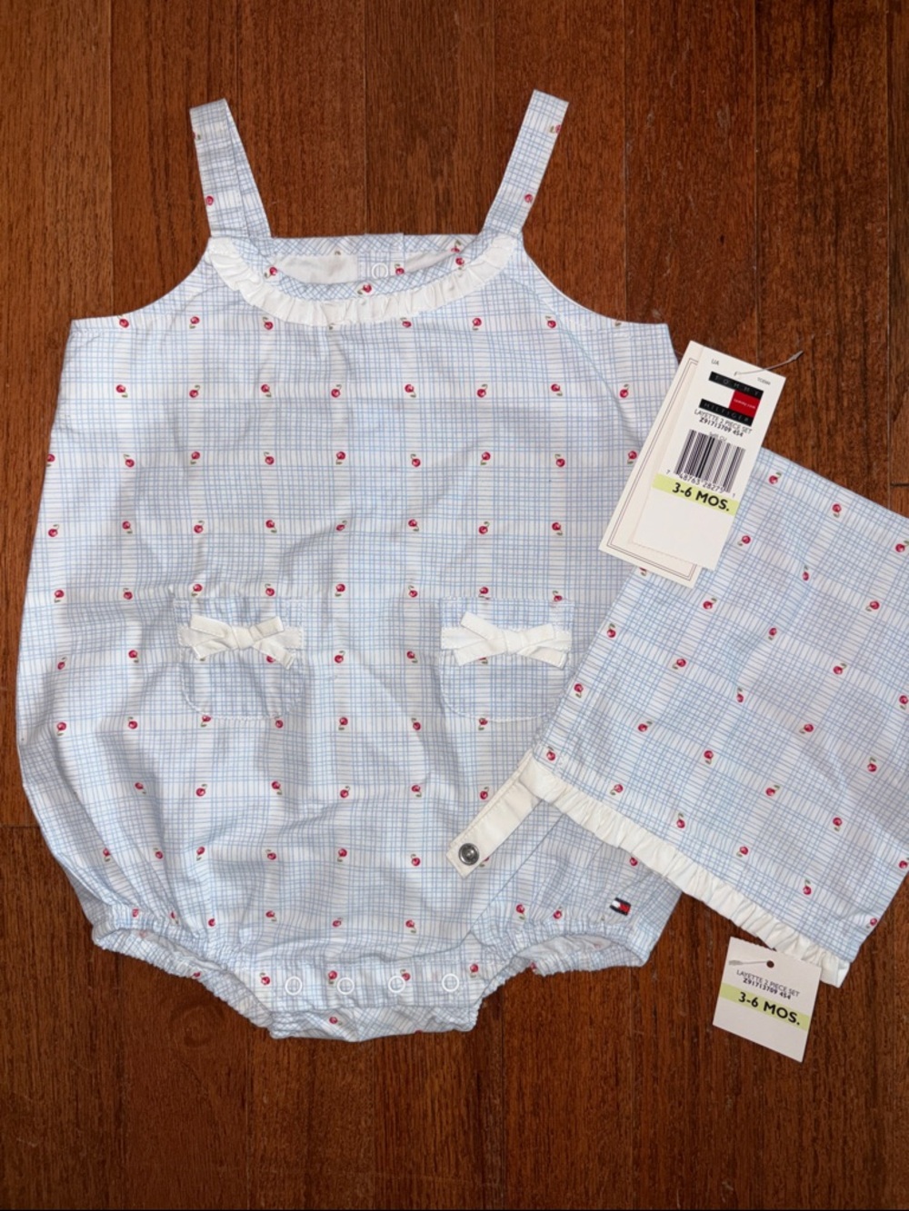 NWT Tommy Hilfiger Light Blue Check Cherry Bubble Romper with Head Scarf 3-6 M